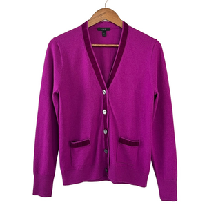 J Crew Merino Wool Vibrant Magenta Cardigan with Velvet Trim Size M